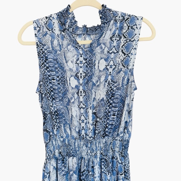 Nanette Lepore Stevie Snake-print Hi-Low Smocked-Waist Sleeveless Blue Dress - Picture 13 of 16